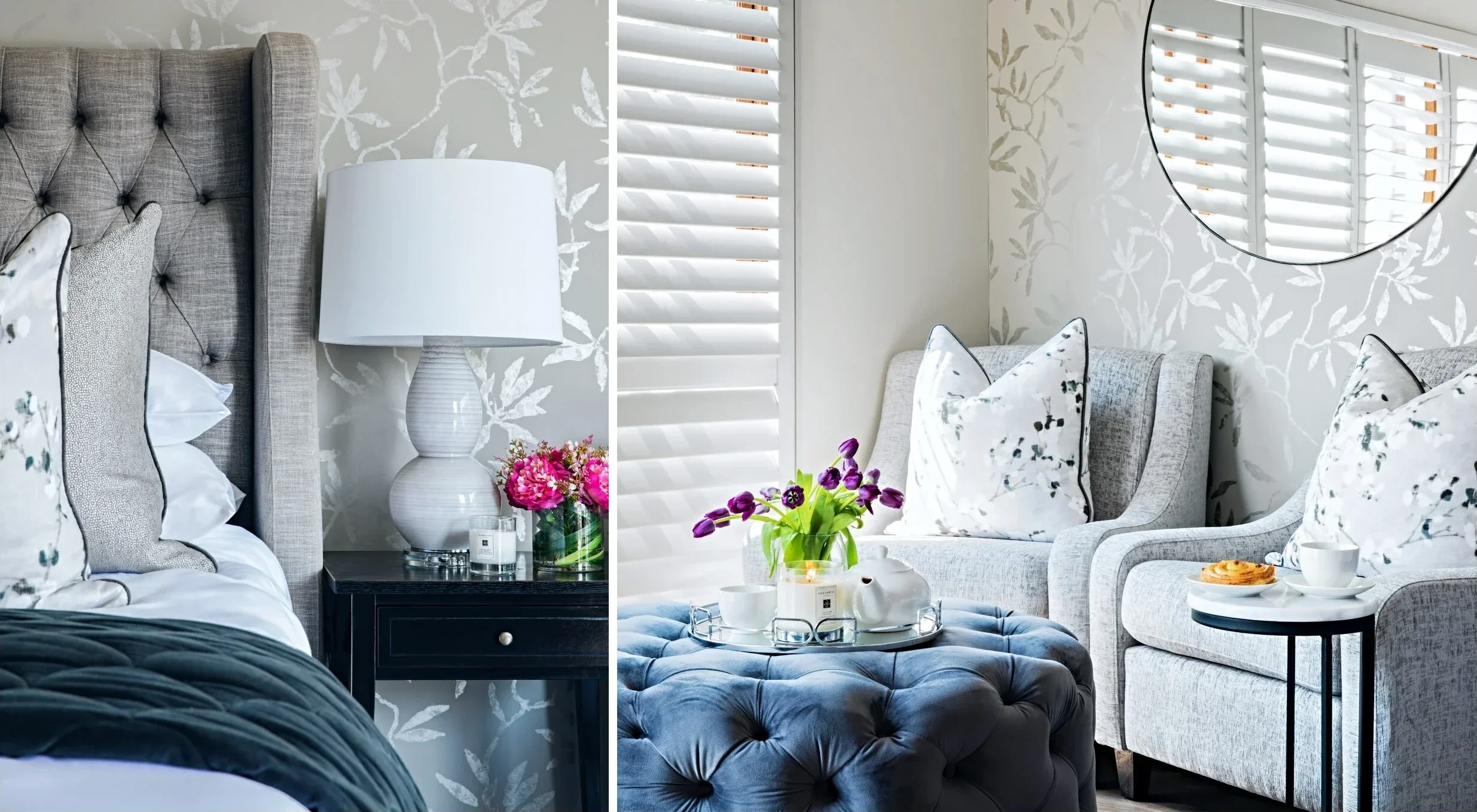 Bedroom sitting corner with white shutters, a grey buttoned headboard, a blue velvet ottoman and a round mirror