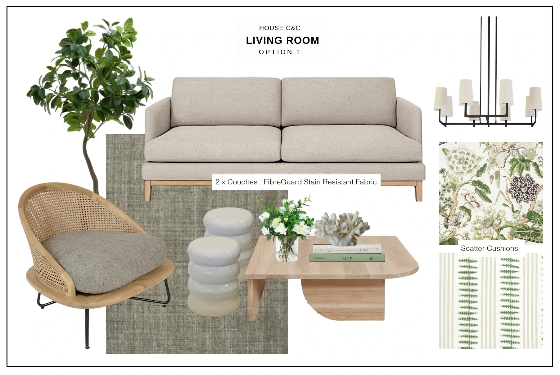 Sample mood board for a lounge: a linen sofa, a cane armchair, an oak coffee table, ceramic stools, a black chandelier and botanical cushion fabrics
