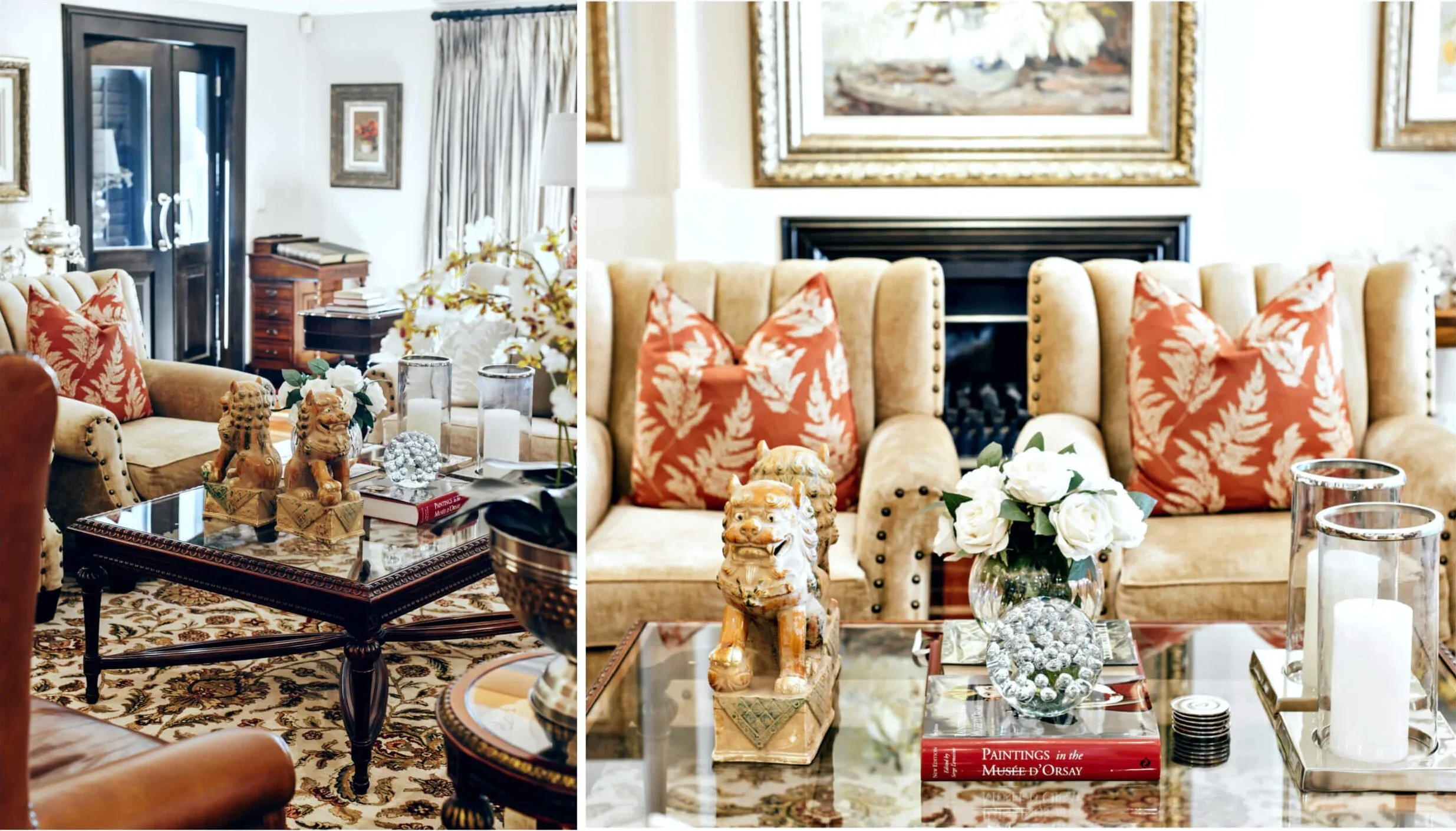 Living room in Johannesburg with coral leaf-print cushions on light chairs and gilt-framed artworks